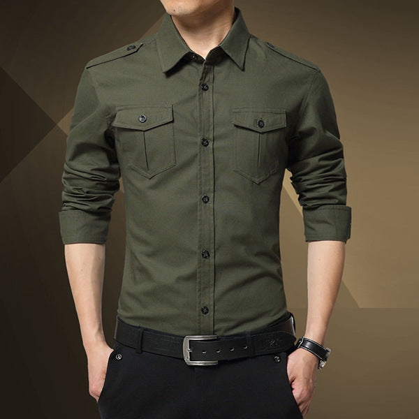 Herren Slim‑Fit Utility‑Hemd mit Schulterklappen und Pattentaschen Drune