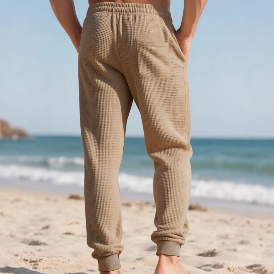 Herren nan Waffelstruktur-Loungehose mit elastischem Bund Kordelzug und Eingrifftaschen Drune