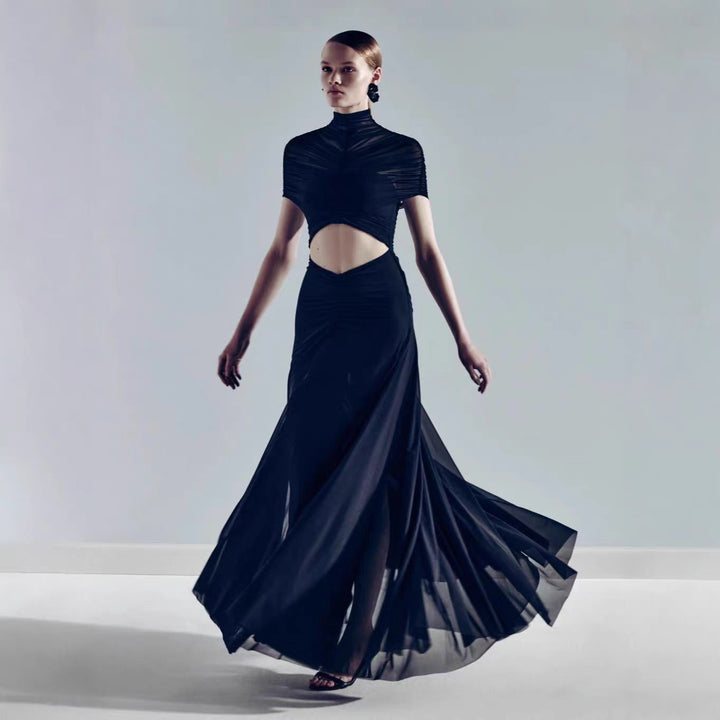 Damen Elegantes Cut-Out Maxikleid mit hochgeschlossenem Design und raffinierten Drapierungen Drune