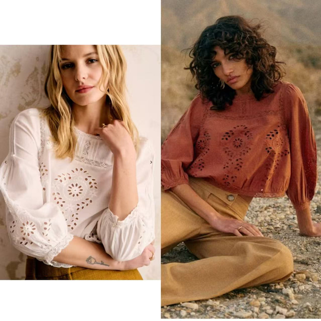 Damen Bluse mit aufwendigen Lochstickereien und Rüschendetails Drune