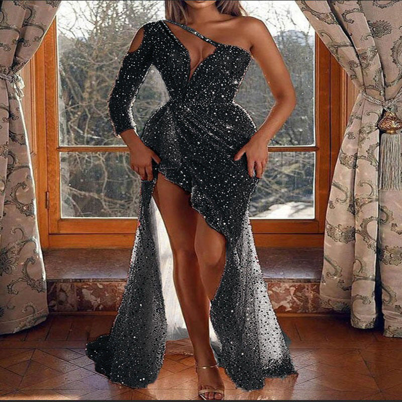 Drune | Puff Kurzarm Tailliertes Pailletten Midi Partykleid