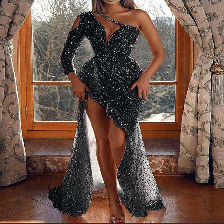 Drune | Puff Kurzarm Tailliertes Pailletten Midi Partykleid