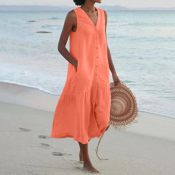 Damen luftiges Maxikleid mit Knopfleiste und praktischen Taschen Drune