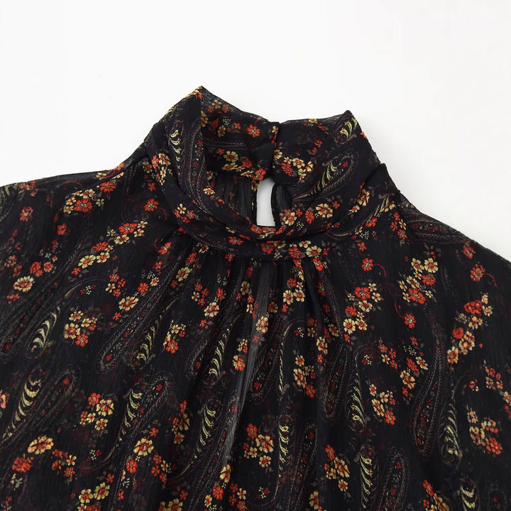 Damen nan fließendes Chiffon-Minikleid mit Stehkragen langen Volantärmeln und mehrstufigem Stufenrock Drune