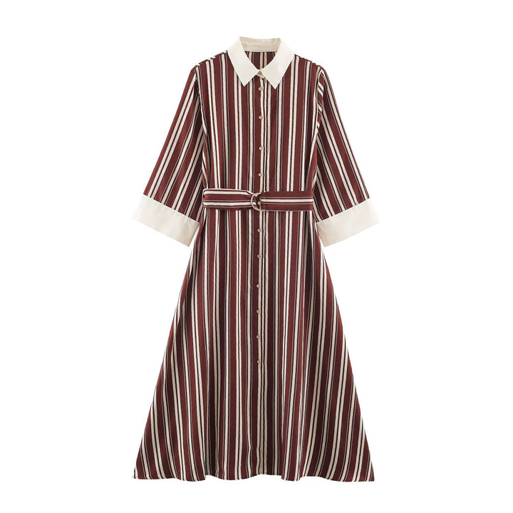 Damen Gestreiftes Hemdblusenkleid mit Kontrastkragen, Dreiviertelärmeln und Taillengürtel Drune