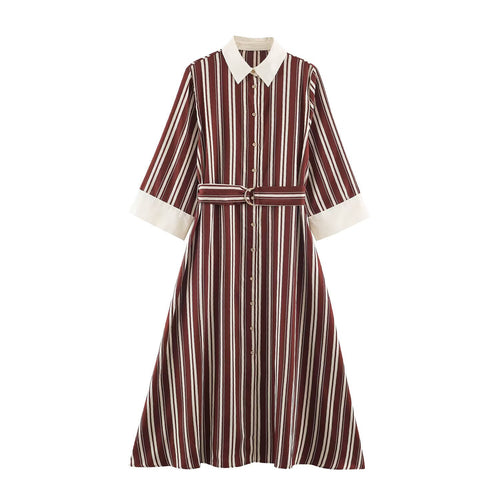 Damen Gestreiftes Hemdblusenkleid mit Kontrastkragen, Dreiviertelärmeln und Taillengürtel Drune