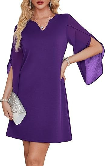 Damen V-Ausschnitt Kleid mit transparenten Ärmeln Drune