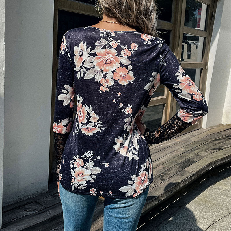 Damen Henley-Top mit Rosenprint, Spitzenmanschetten und Zierknopfleiste Drune