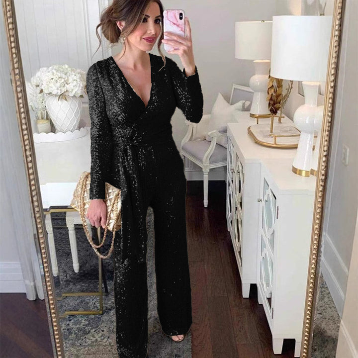 Damen Glamouröser Jumpsuit mit funkelnden Pailletten und elegantem tiefen V-Ausschnitt Drune