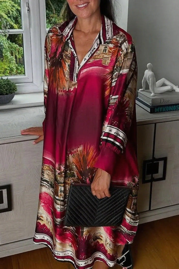 Damen nan Seidenoptik-Hemdkleid im Kaftanstil mit illustrativem Küstenprint Drune