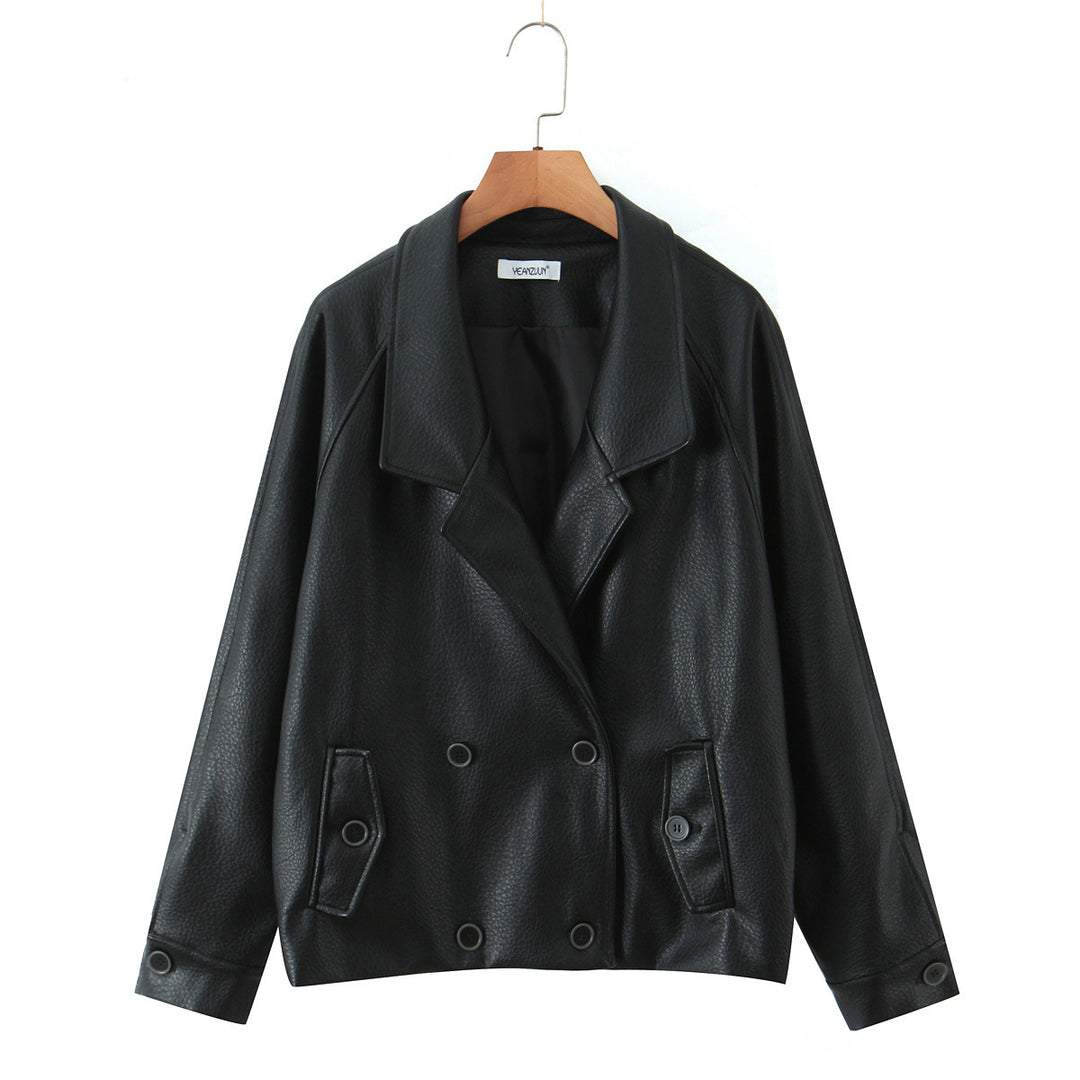 Damen modische Kunstlederjacke mit doppelter Knopfleiste und großem Revers Drune