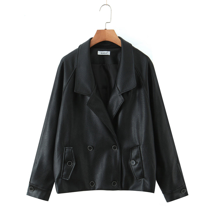 Damen modische Kunstlederjacke mit doppelter Knopfleiste und großem Revers Drune