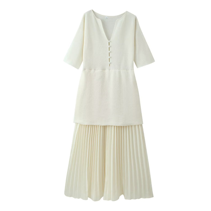 Damen plissiertes Midi-Kleid mit eleganter Knopfleiste und V-Ausschnitt Drune