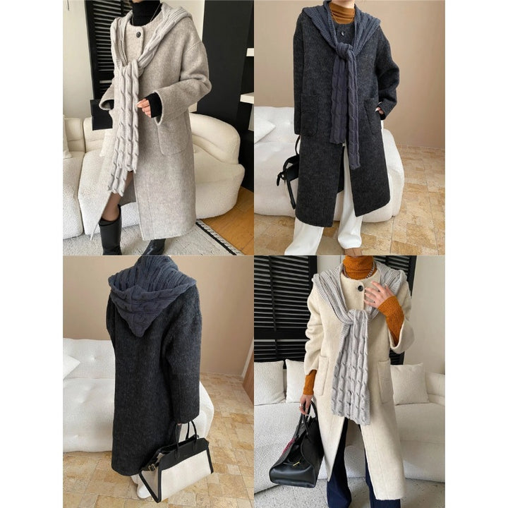 Damen eleganter Wollmantel mit asymmetrischem Kragen und praktischen Taschen Drune