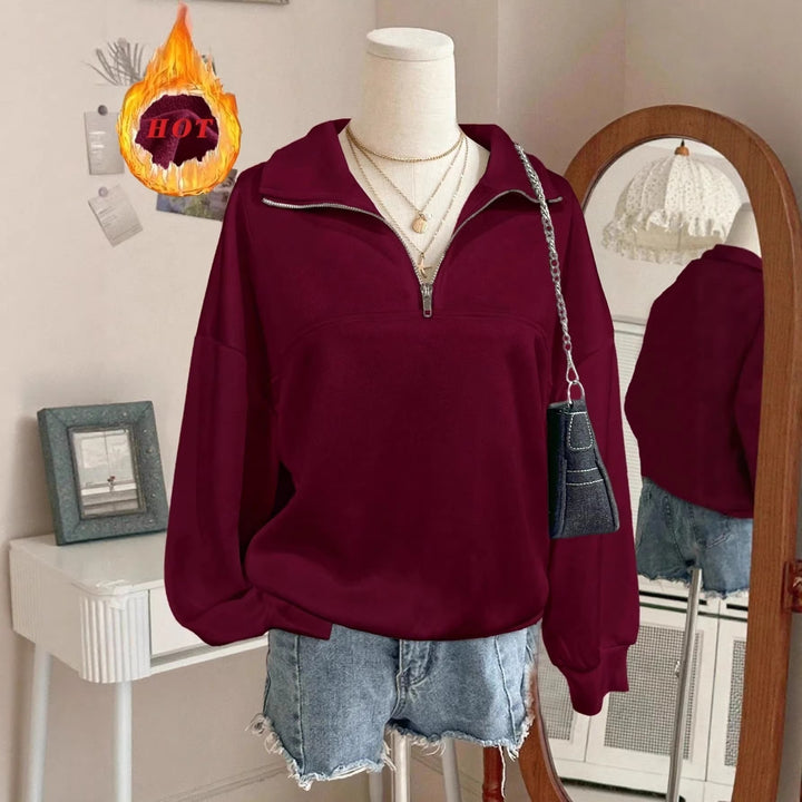 Damen nan Oversize Sweatshirt mit halbem Reißverschluss, Stehkragen und Ballonärmeln Drune