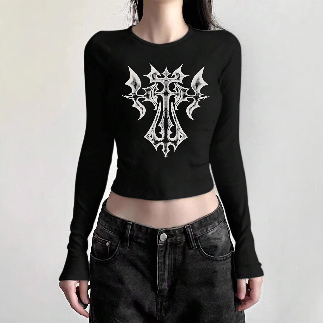 Damen nan figurbetontes langärmeliges Cropped-Shirt mit fotorealistischer Lippen-Collage und schmaler Passform Drune