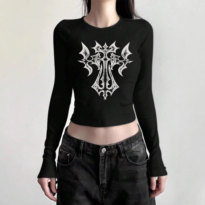 Damen nan figurbetontes langärmeliges Cropped-Shirt mit fotorealistischer Lippen-Collage und schmaler Passform Drune