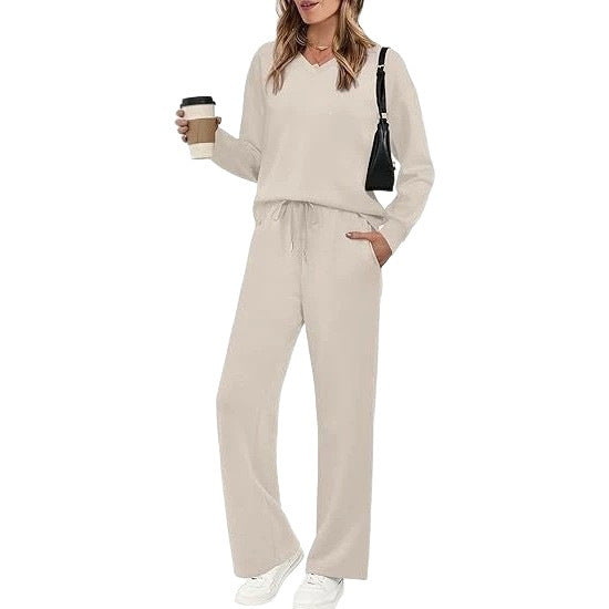 Damen Lässiges Lounge-Set mit V-Ausschnitt-Sweatshirt und weiten Tunnelzug-Hosen Drune