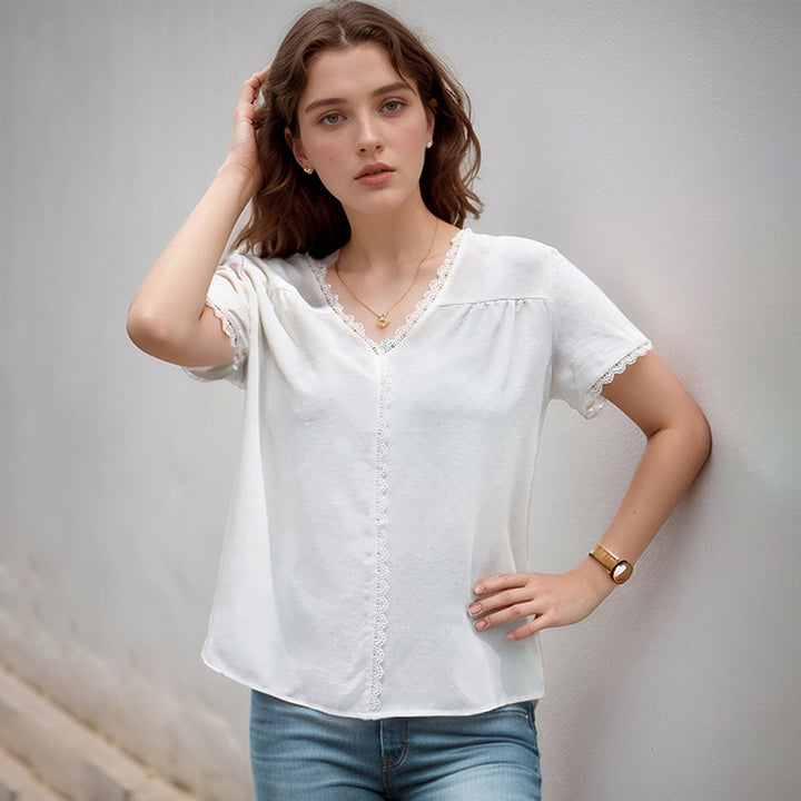 Damen luftiges Blusenshirt mit feinen Spitzenakzenten und modischem V-Ausschnitt Drune