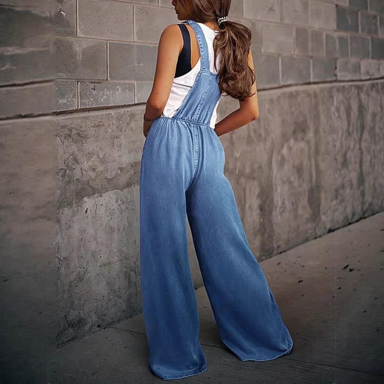 Damen Weite Denim-Latzhose im Palazzo-Schnitt mit verstellbaren Trägern Drune