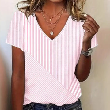 Damen nan gestreifte V-Ausschnitt-Bluse mit asymmetrischem Streifenmix und Kurzarm Drune