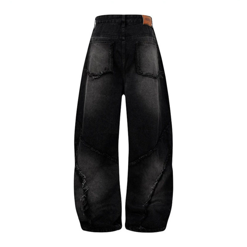 Damen Baggy-Jeans mit hohem Bund, ballonförmiger Weite und ausgefransten Patchnähten Drune