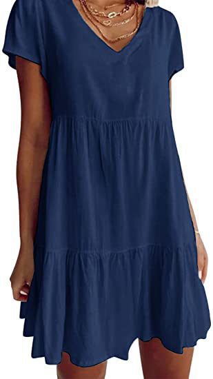 Damen lässiges und leichtes Sommerkleid mit V-Ausschnitt und voluminösem Rock Drune