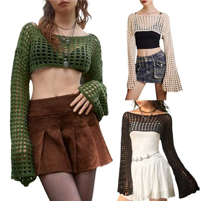 Damen luftiges gehäkeltes Crop-Top mit langen Ärmeln Drune