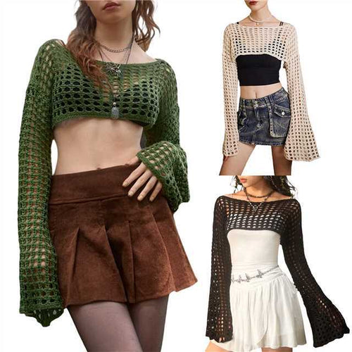 Damen luftiges gehäkeltes Crop-Top mit langen Ärmeln Drune