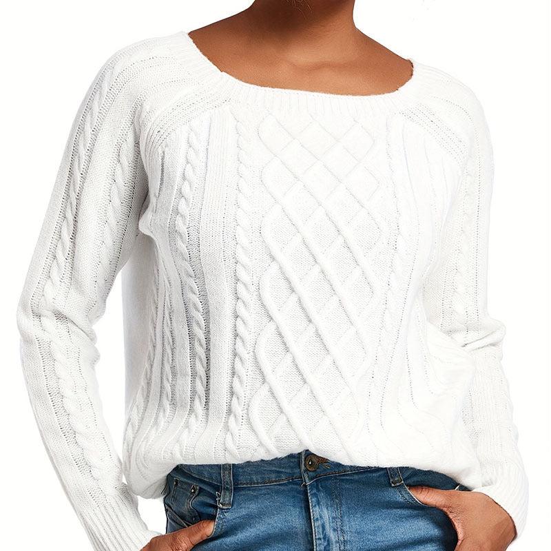 Damen Grobstrickpullover mit ansprechendem Zopfmuster und weitem Rundhalsausschnitt Drune