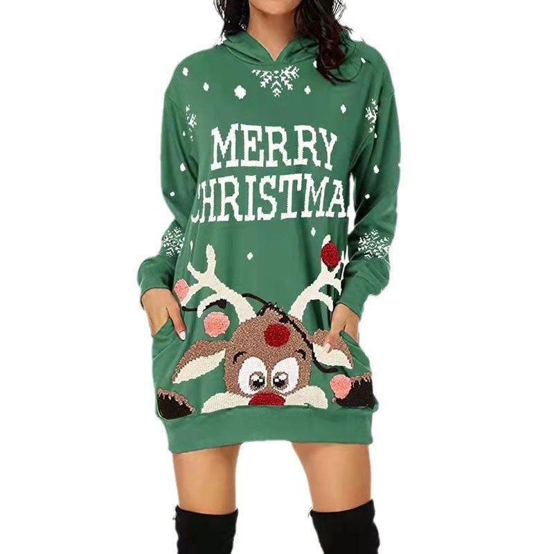 Damen Weihnachtlicher Hoodie-Kleid mit Kapuze und Taschen Drune