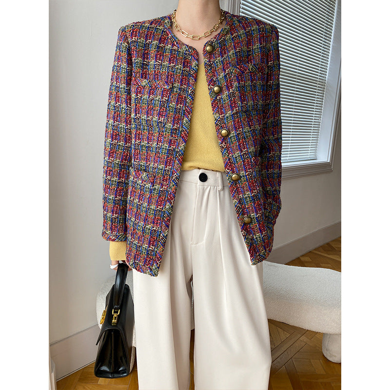 Damen modische Tweedjacke mit dekorativen Knopfdetails und klassischem Design Drune