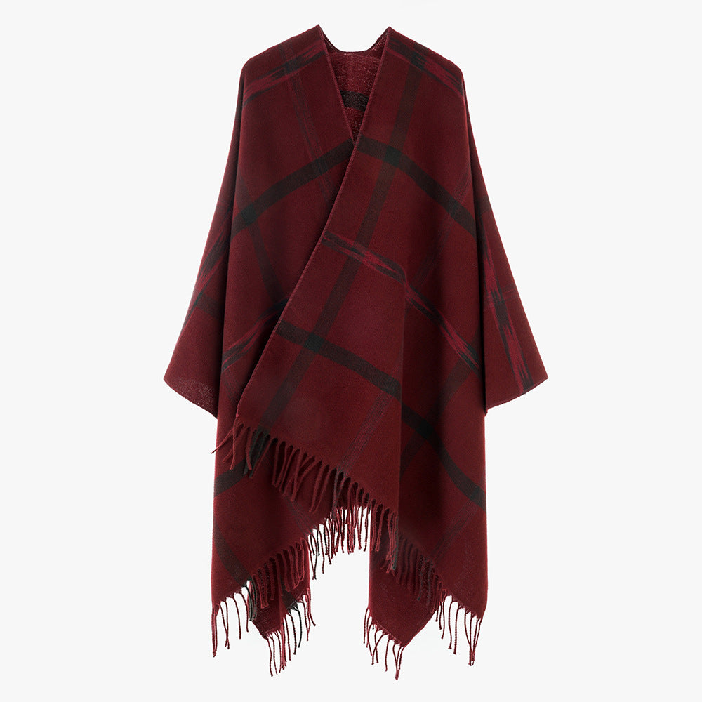Damen Grobkarierter Wolloptik‑Poncho im Cape‑Schnitt mit lockerem Fall und Fransen Drune