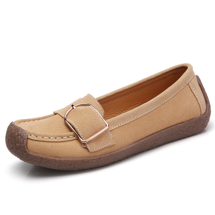 Damen nan Mokassin-Slipper aus Veloursleder mit dekorativer Metallschnalle, gepolstertem Fußbett und rutschfester Gummilaufsohle Drune
