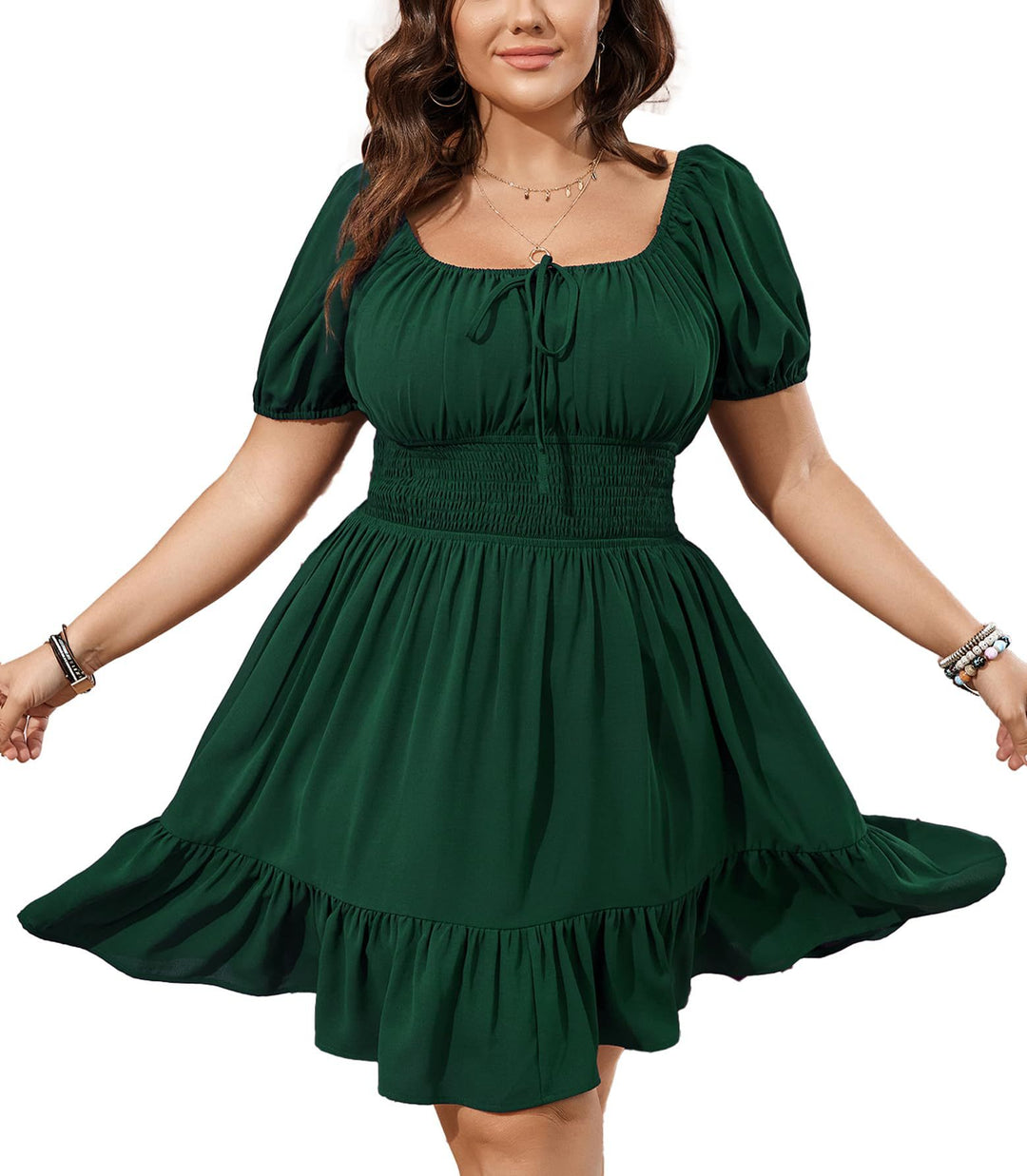 Damen Midikleid mit Smok-Taillenband und Puffärmeln Drune