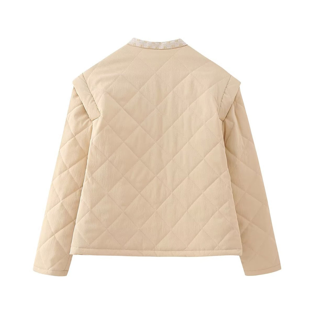Damen nan gesteppte Jacke mit floraler Stickbordüre, geradem Schnitt und Rundhals Drune