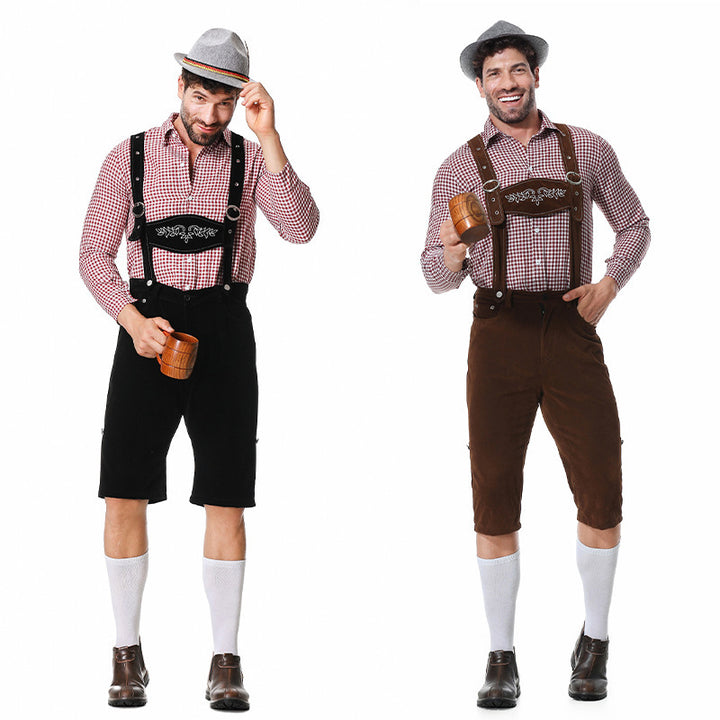 Herren nan kurze Trachtenlederhose in Veloursleder-Optik mit besticktem Brustlatz und verstellbaren Trägern Drune