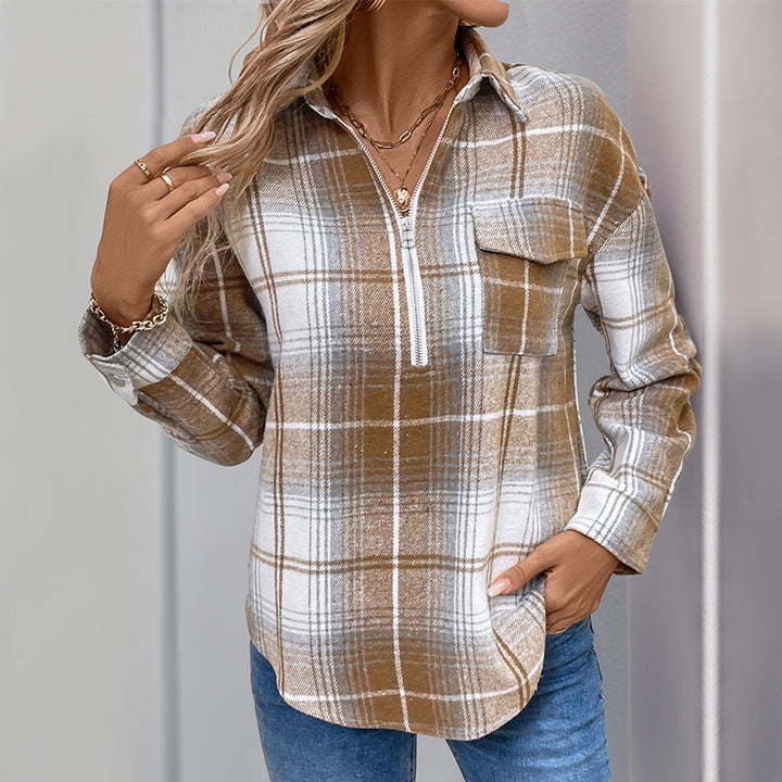 Damen Oversize-Karo-Halbzip-Hemdbluse aus Flanell mit aufgesetzter Brusttasche Drune