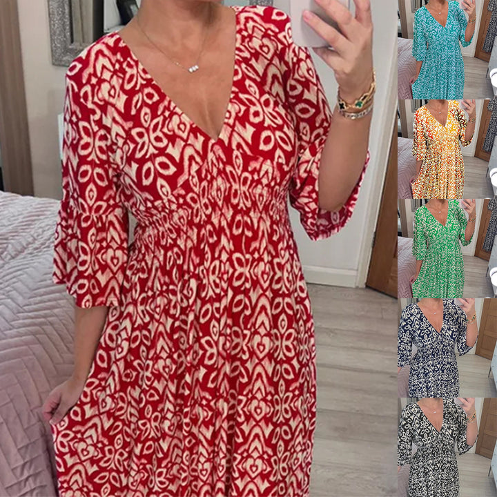 Damen Maxikleid mit V-Ausschnitt, gerafftem Taillenteil und Rüschendreiviertelärmeln Drune