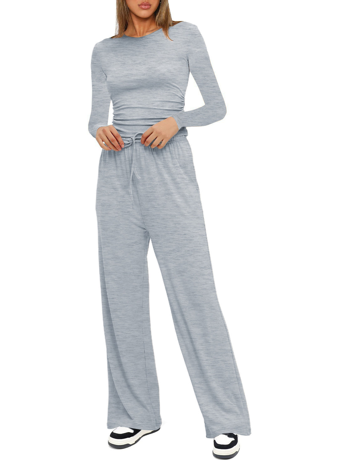 Damen Figurbetontes Longsleeve mit seitlicher Raffung und High-Waist Palazzo-Jogginghose Set Drune