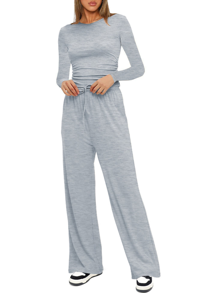 Damen Figurbetontes Longsleeve mit seitlicher Raffung und High-Waist Palazzo-Jogginghose Set Drune