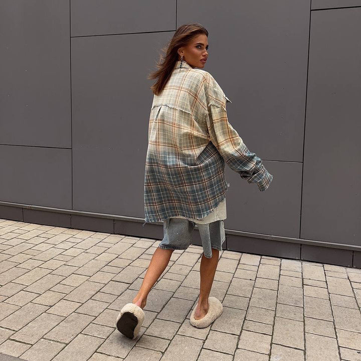Damen Oversized Karo-Hemdjacke mit Taschen Drune
