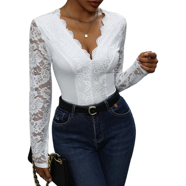 Damen Eleganter Spitzen-Bodysuit mit tiefem V-Ausschnitt Drune