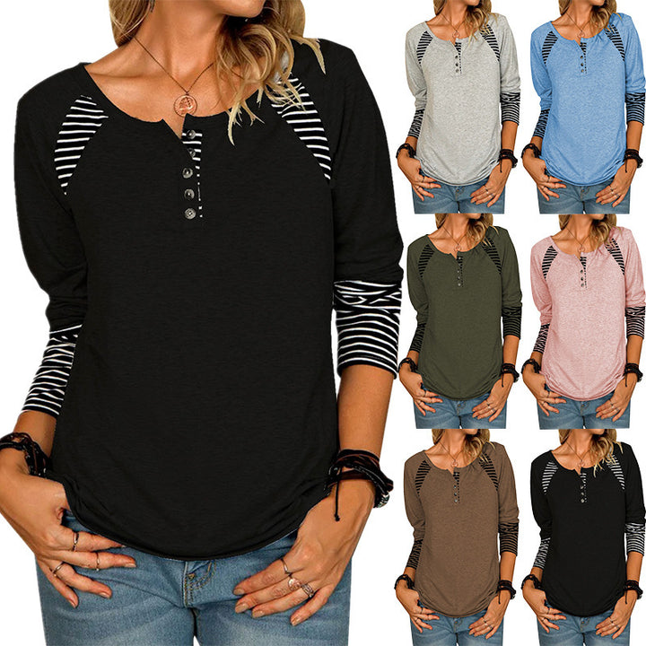 Damen Lässiges Raglan-Henley-Shirt mit Knopfleiste und gestreiften Ärmelbündchen Drune