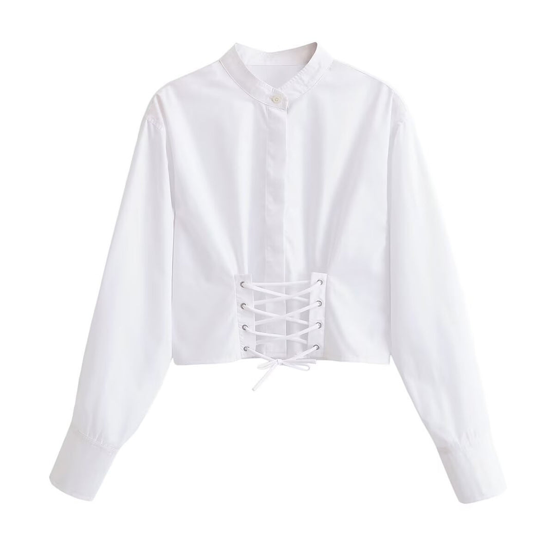 Damen Cropped Bluse mit Schnürkorsett‑Taillierung und Stehkragen Drune