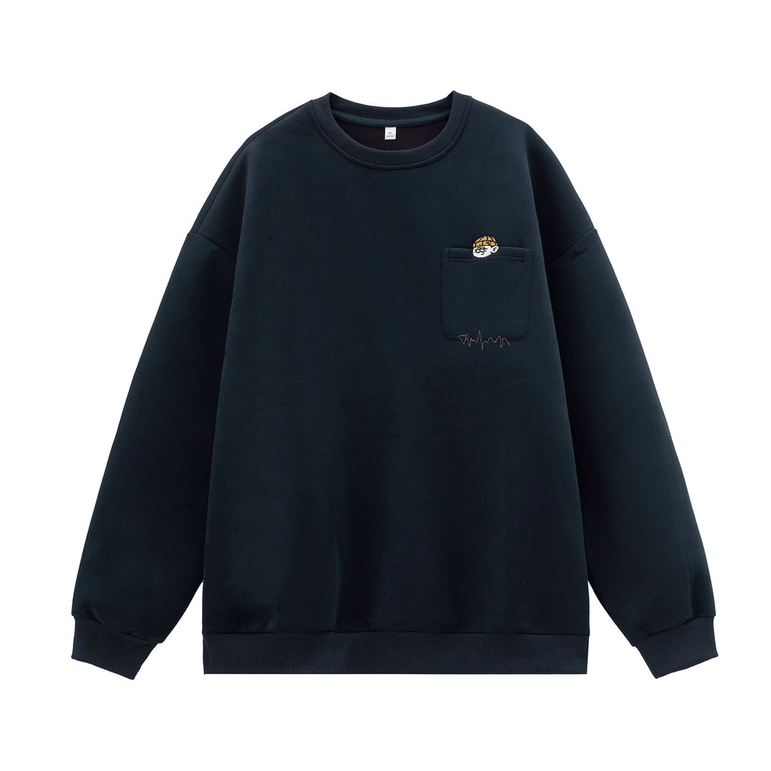 Unisex Oversize-Sweatshirt mit Brusttasche, Cartoon-Stickerei und Herzschlag-Detail Drune