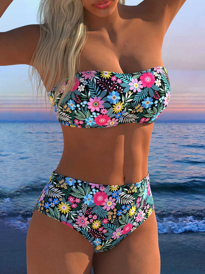 Damen Bandeau Bikini-Set mit tierischem Muster und hohem Taillenbund Drune