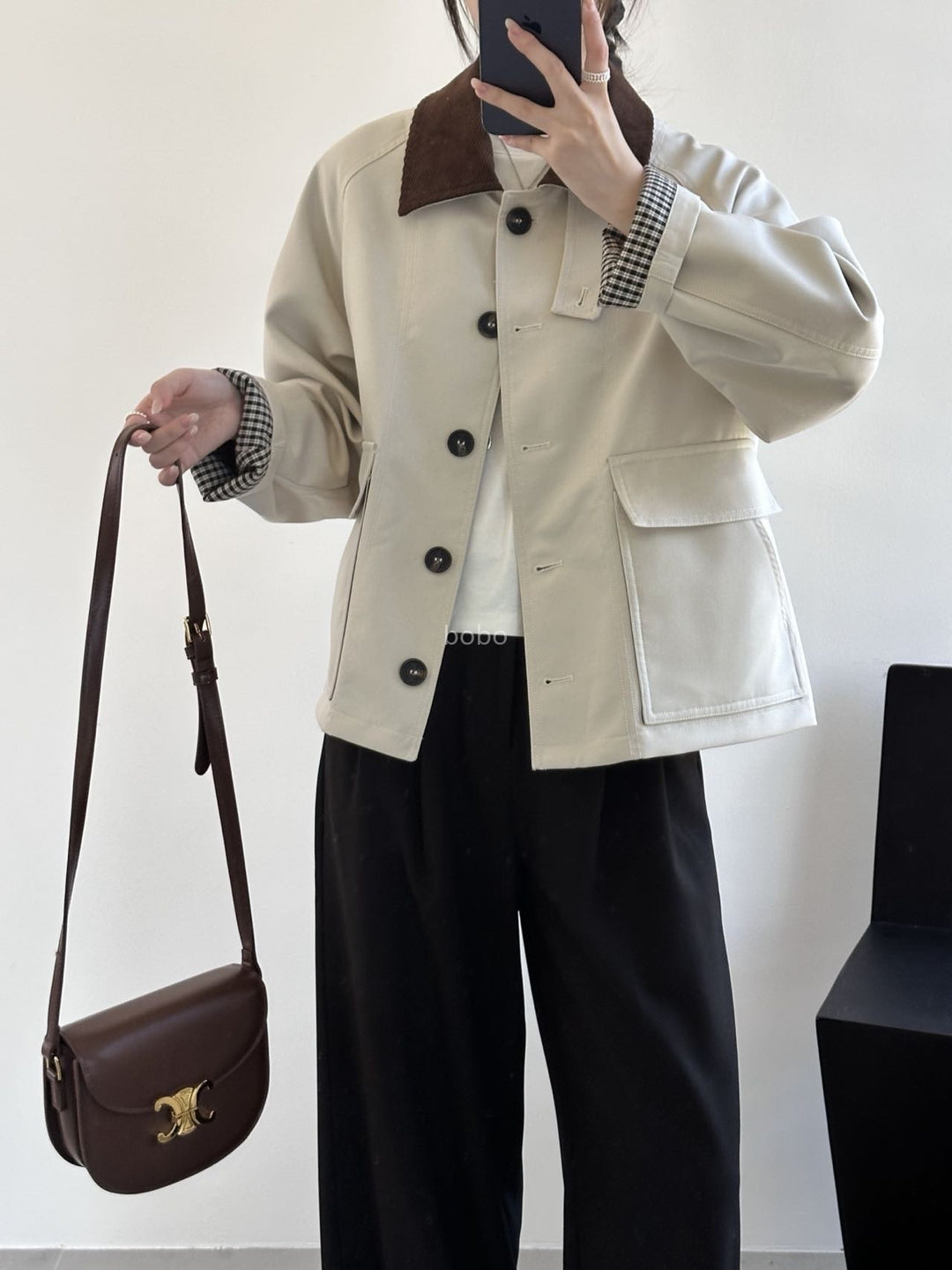 Damen Kurzjacke im Worker-Stil mit Cordkragen und aufgesetzten Pattentaschen Drune