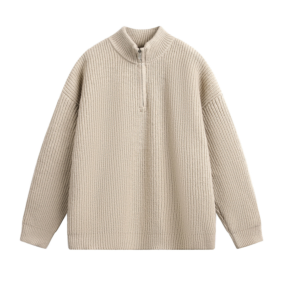 Unisex Oversize Grobstrickpullover mit Halbreißverschluss und Stehkragen Drune