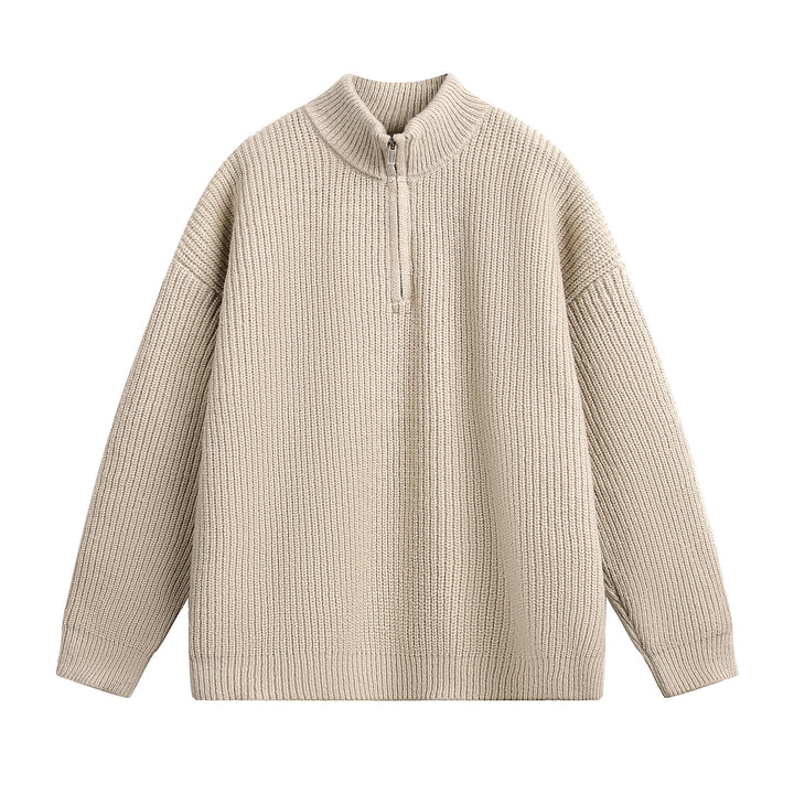 Unisex Oversize Grobstrickpullover mit Halbreißverschluss und Stehkragen Drune